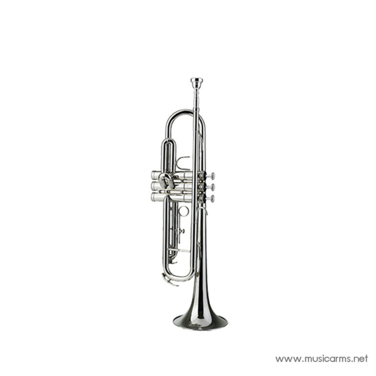 Shiny silver trumpet standing upright on its bell with valves and mouthpiece visible ขายราคาพิเศษ