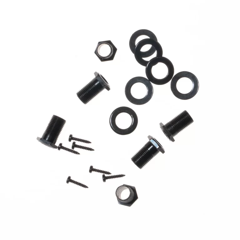 Assortment of black bolts, washers, nuts, and screws on a white background. ขายราคาพิเศษ