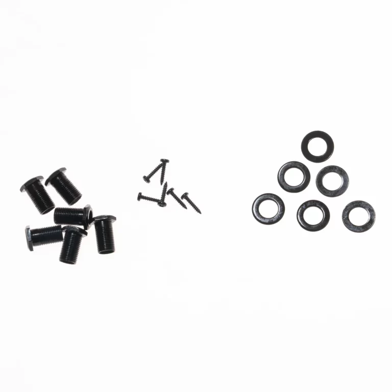 Assorted hardware components: several black bolts on the left, small screws in the center, and washers on the right on a white background. ขายราคาพิเศษ
