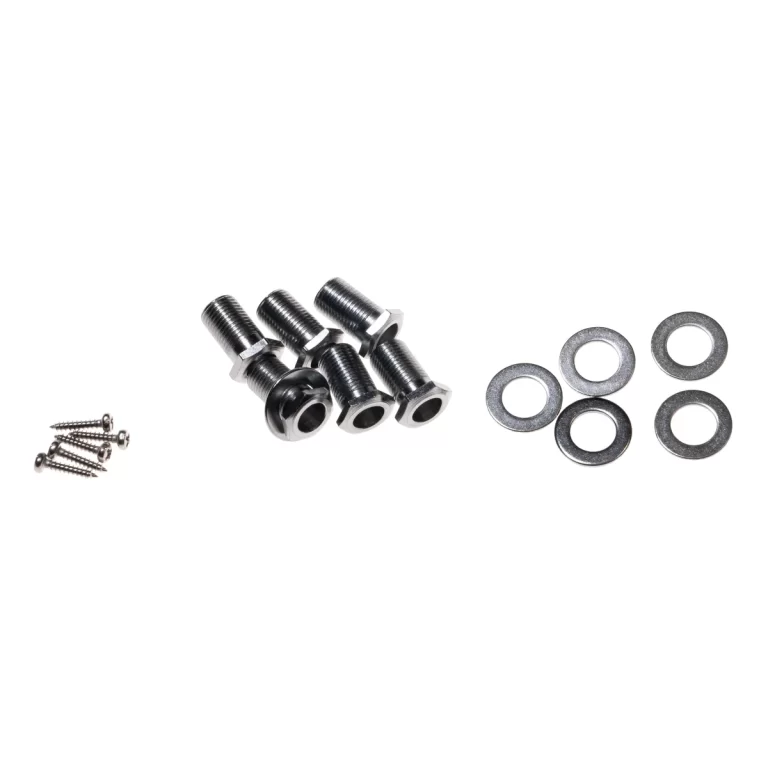 Assorted metal hardware: five hex bolts with nuts, several small screws, and multiple flat washers spread on a white background. ขายราคาพิเศษ