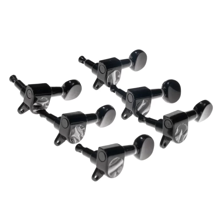 Six black guitar tuning pegs on a white background, showing the machine heads used to tune strings ขายราคาพิเศษ