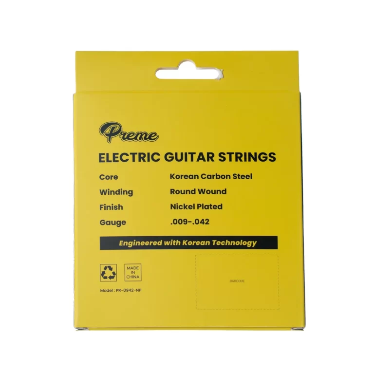 Yellow Preme Electric Guitar Strings box with product specs and 'Engineered with Korean Technology' slogan on the front. ขายราคาพิเศษ