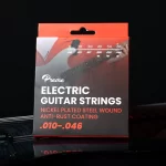 Package of Preme electric guitar strings with a red-to-black gradient; text reads: electric guitar strings, nickel-plated steel wound with anti-rust coating, gauges .010–.046 ลดราคาพิเศษ