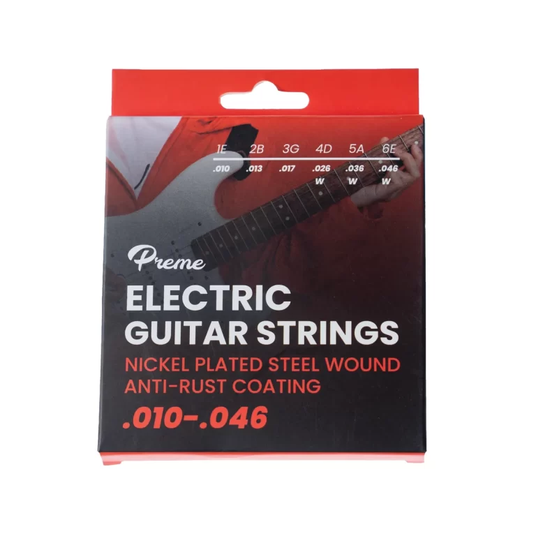 Guitar strings packaging reading: Premé Electric Guitar Strings, .010-.046, nickel plated steel with anti-rust coating. ขายราคาพิเศษ
