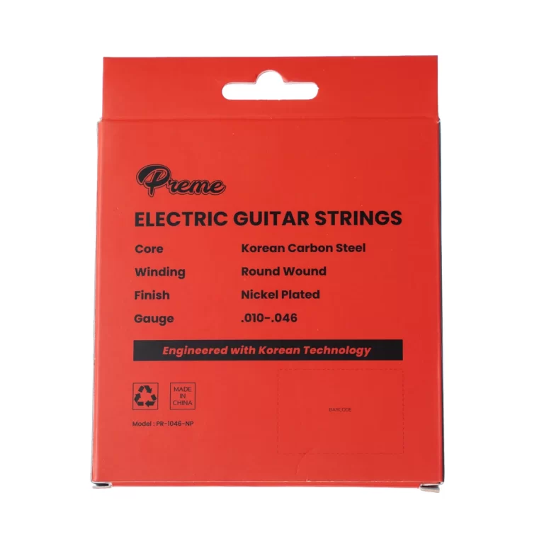 Red packaging box for Preme electric guitar strings, listing core: Korean carbon steel, round-wound finish, gauge .010-.046, and slogan 'Engineered with Korean Technology'. ขายราคาพิเศษ