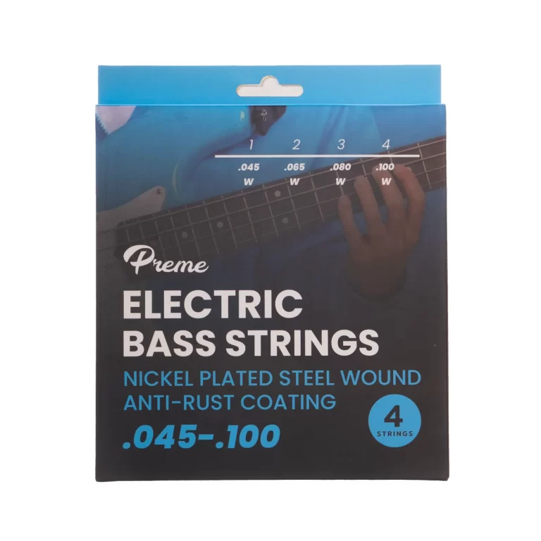 Premé Electric Bass Strings package: a four-string set with nickel-plated steel wound, anti-rust coating, gauges .045-.100 ขายราคาพิเศษ