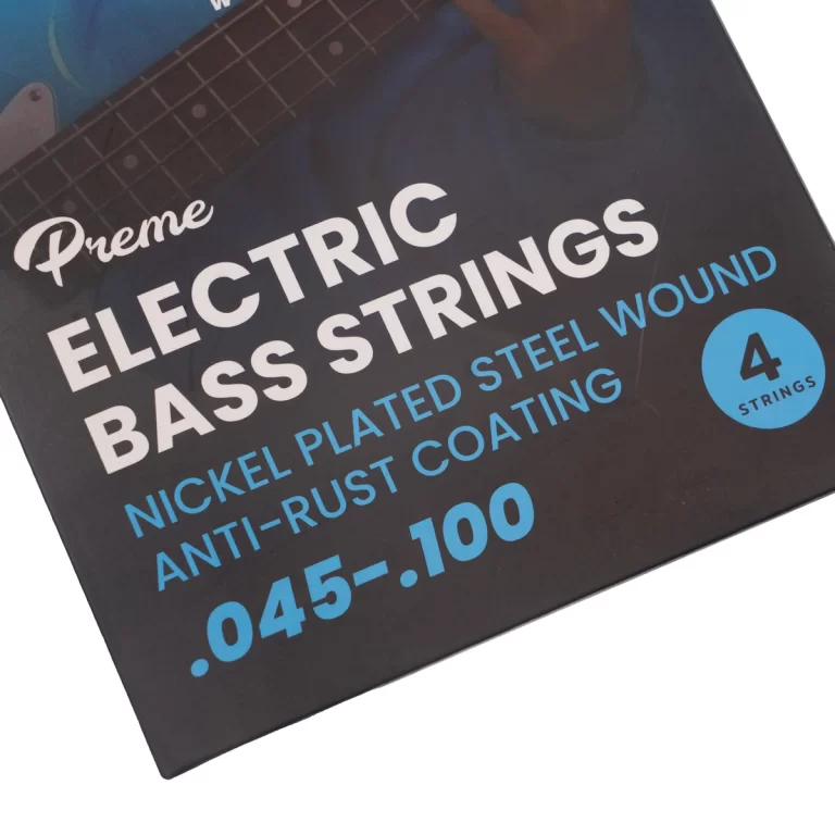 Packaging for Dreme electric bass strings: nickel-plated steel, anti-rust coating, 4-string set, gauges .045–.100 ขายราคาพิเศษ
