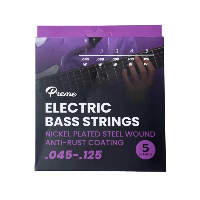 Package for Premé Electric Bass Strings: 5-string set, gauges .045–.125, nickel-plated steel with anti-rust coating ขายราคาพิเศษ