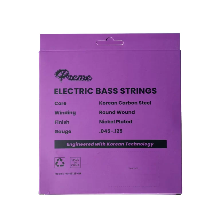 Puple box packaging for Premé electric bass strings, with details: core, winding, finish, gauge .045–.125, Korean tech. ขายราคาพิเศษ