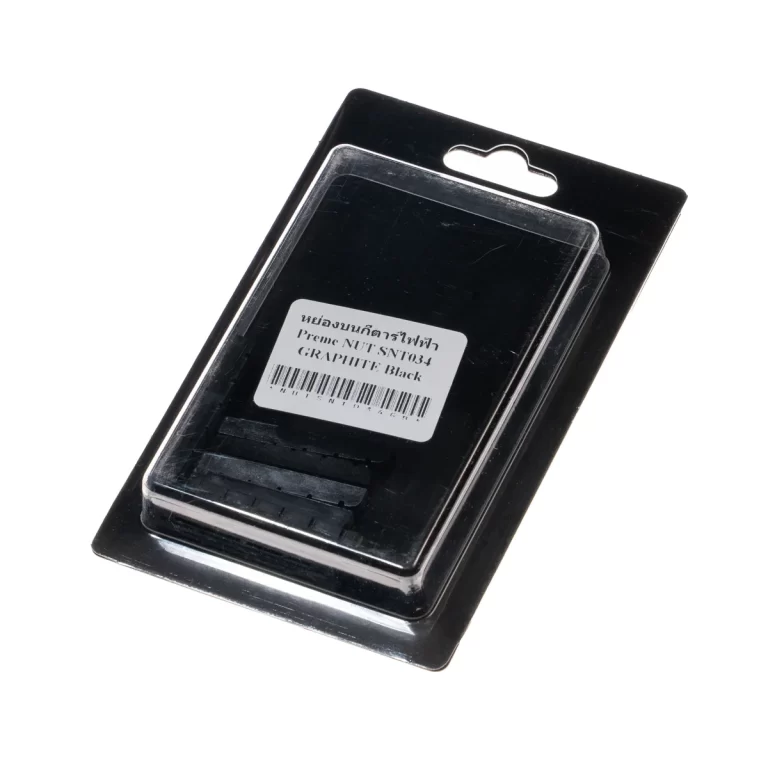 Black printer ink cartridge sealed in plastic blister packaging with a barcode label and hanging hole on the card ขายราคาพิเศษ
