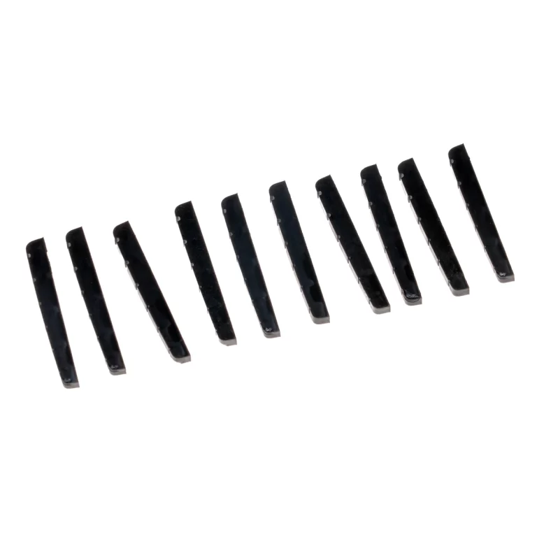 Row of black rectangular plastic pieces lined up diagonally across a white background. ขายราคาพิเศษ