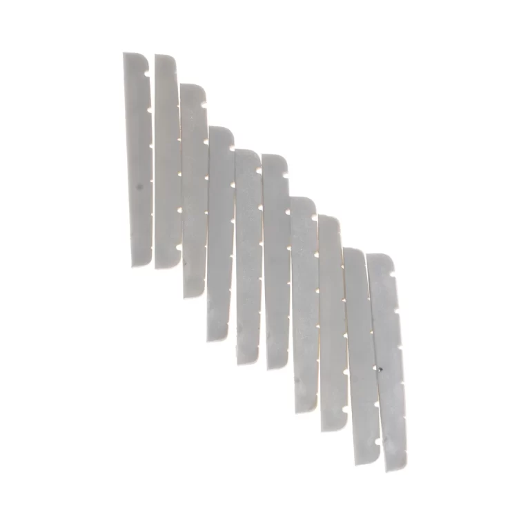 A series of nine thin, light-gray metal strips with small holes along one edge, arranged in a diagonal staircase pattern. ขายราคาพิเศษ