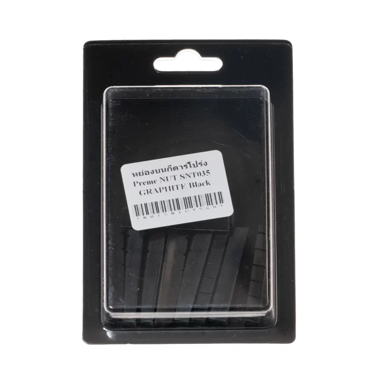 Black blister-pack retail packaging with a transparent front, showing a small rectangular item and a white label with a barcode on the front edge. This packaging hangs from a central hang hole at the top. ขายราคาพิเศษ