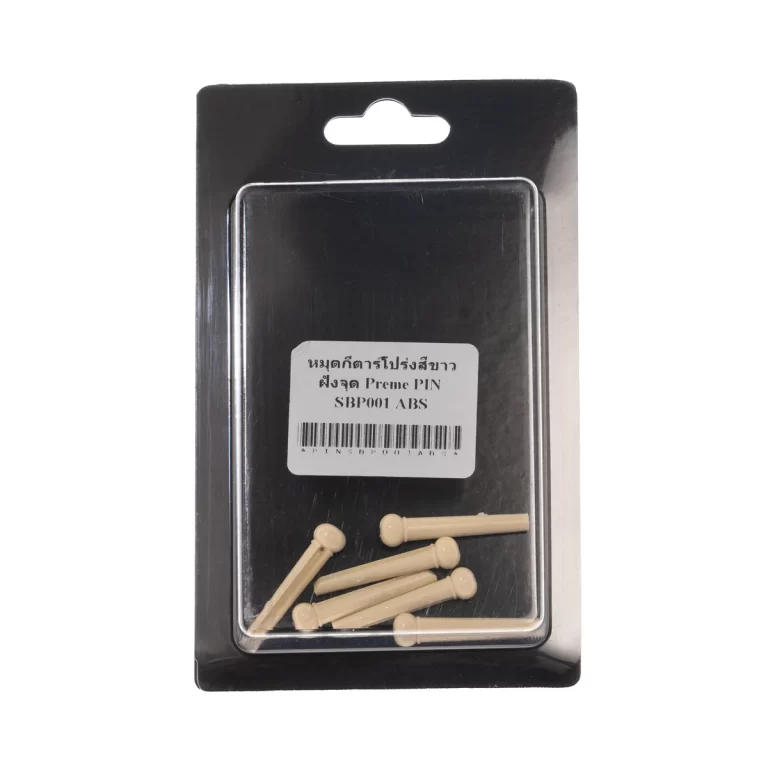 Beige plastic pins in a blister pack on a black backing with a white label and barcode image on the front. ขายราคาพิเศษ