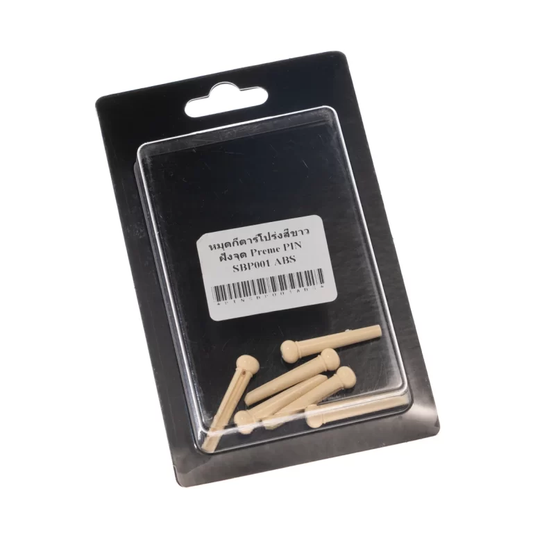 Blister-pack of beige plastic pins on a black backing with a barcode label on the front. ขายราคาพิเศษ
