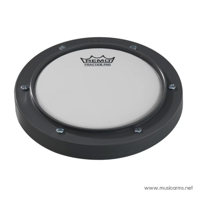 Round Remo practice pad with a dark grey rim and white playing surface; screws around the rim visible. Suitable for drumming practice. ขายราคาพิเศษ