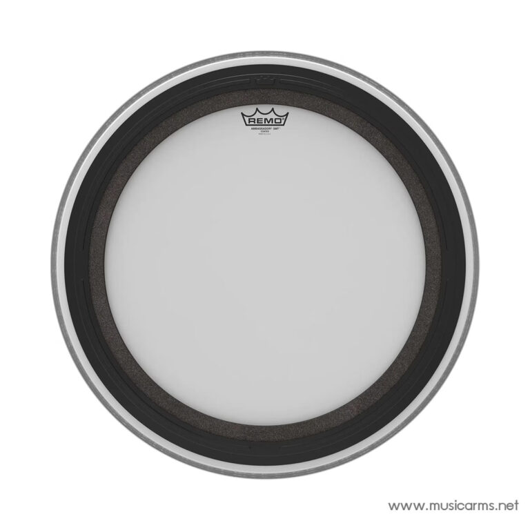 Top-view of a round Remo drumhead with a black rim and foam suspension, seen from above ขายราคาพิเศษ