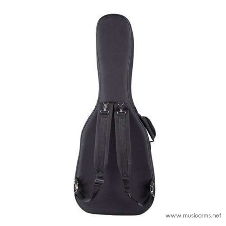 Back view of a black soft guitar case with two backpack straps and metal clasps ขายราคาพิเศษ