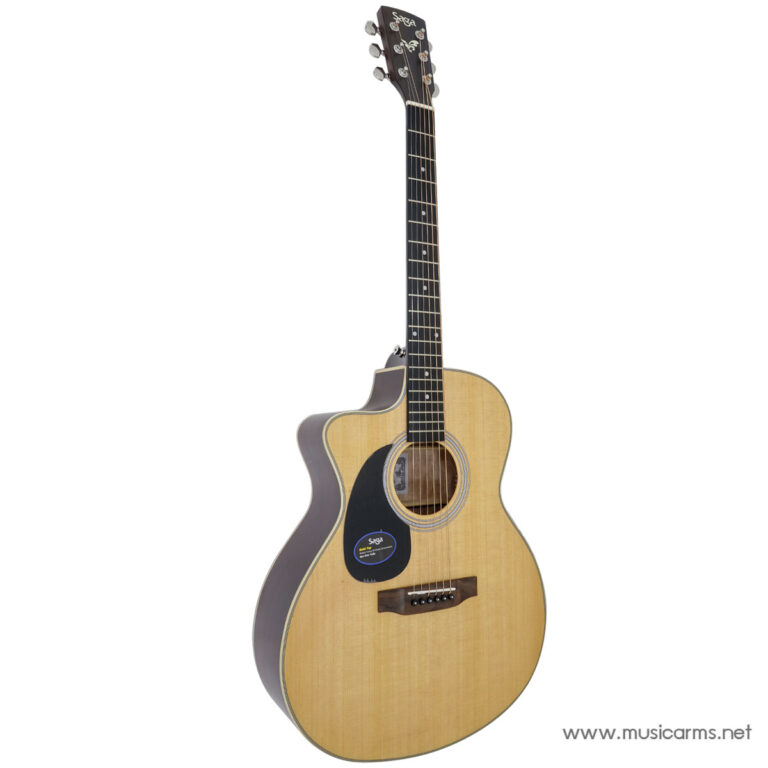 Natural wood acoustic guitar with a single-cutaway body, black pickguard, and rosewood fretboard (brand Saga) seen from a slight rear angle on white background. ขายราคาพิเศษ