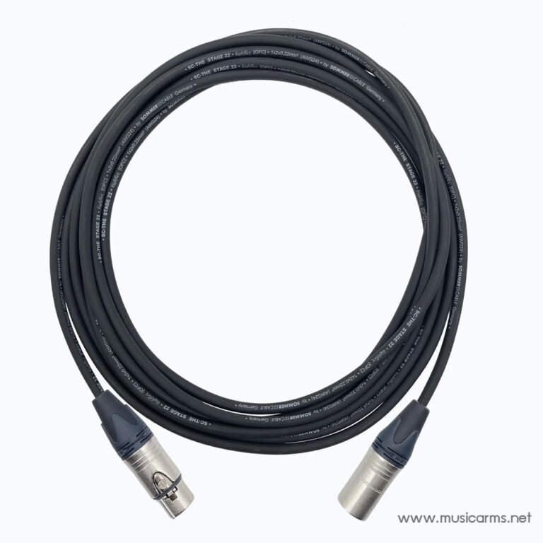 Coiled black XLR microphone cable with two 3-pin connectors at each end. ขายราคาพิเศษ