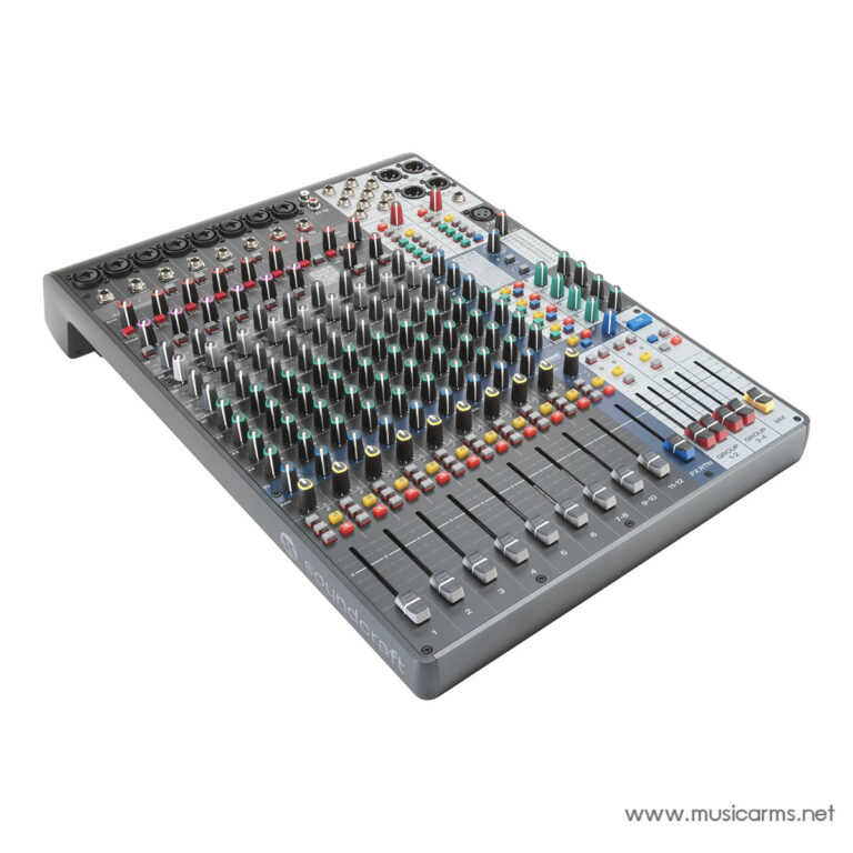 Professional audio mixing console with numerous knobs, faders, and input connectors for multi-channel sound control (Soundcraft) ขายราคาพิเศษ