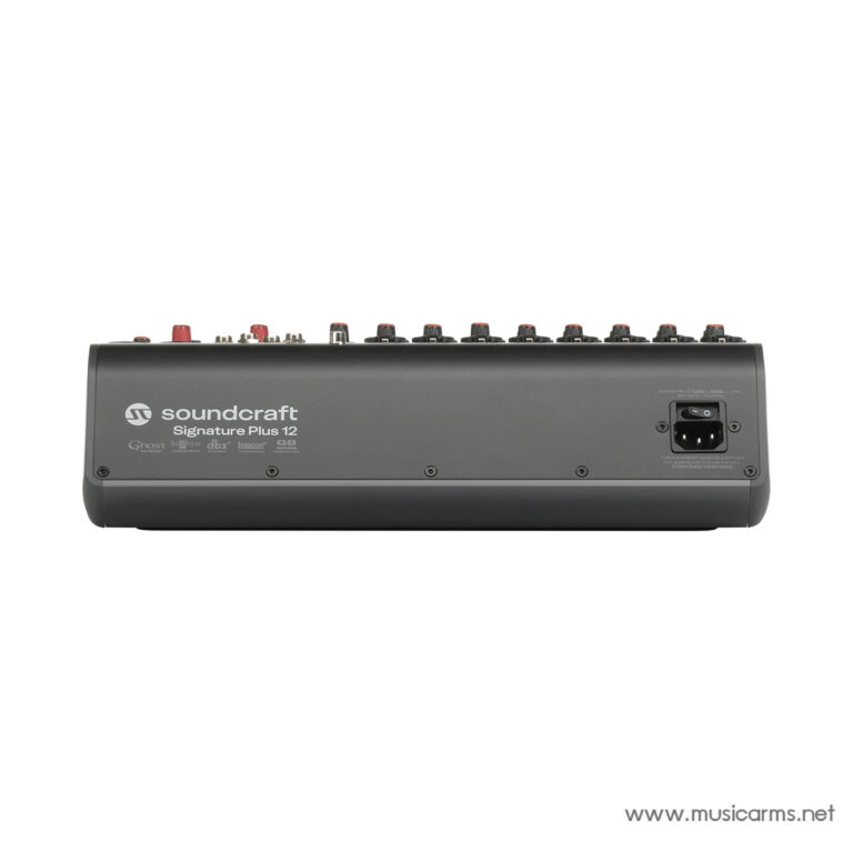 Side view of a Soundcraft Signature Plus 12 audio mixer with colored knobs on top and a power input on the right side. ขายราคาพิเศษ
