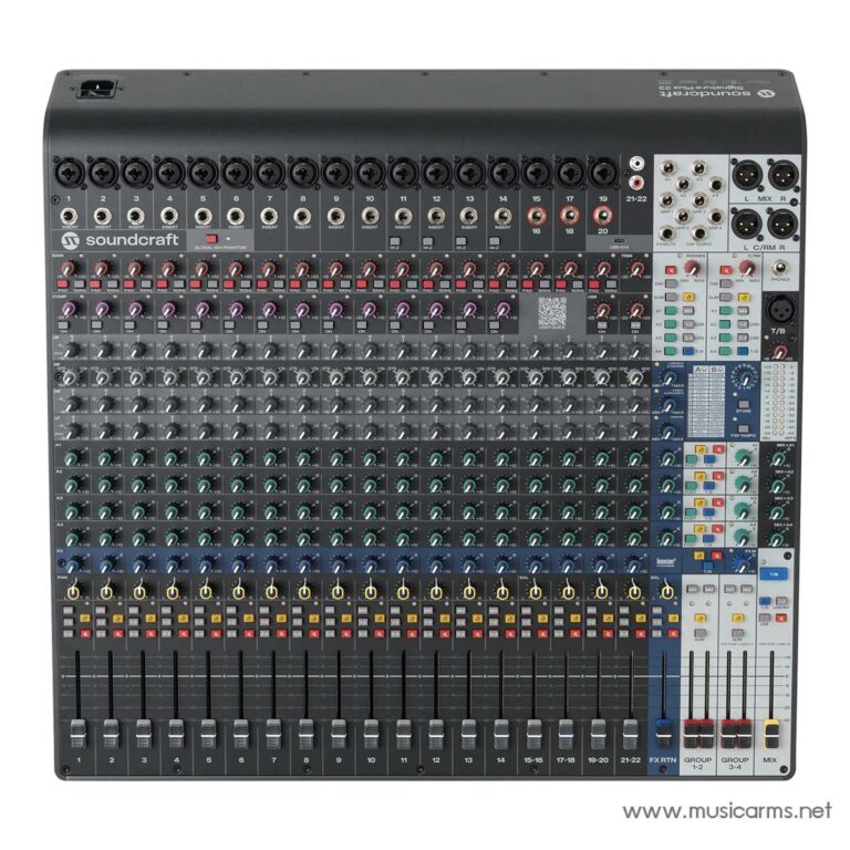 Professional multi-channel audio mixer with numerous knobs, faders, and input jacks (Soundcraft) for live sound or recording. ขายราคาพิเศษ