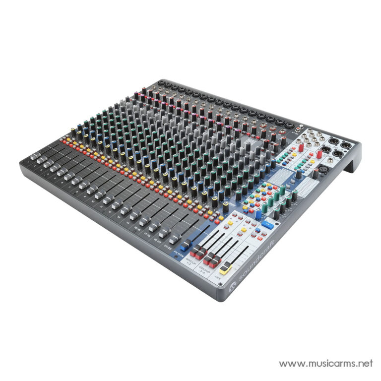 Large professional analog mixing console with many faders, knobs, and input channels viewed at an angle (Soundcraft mixer). ขายราคาพิเศษ