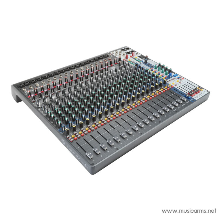 Professional audio mixing console with many faders, knobs, and colorful LED indicators for each channel ขายราคาพิเศษ
