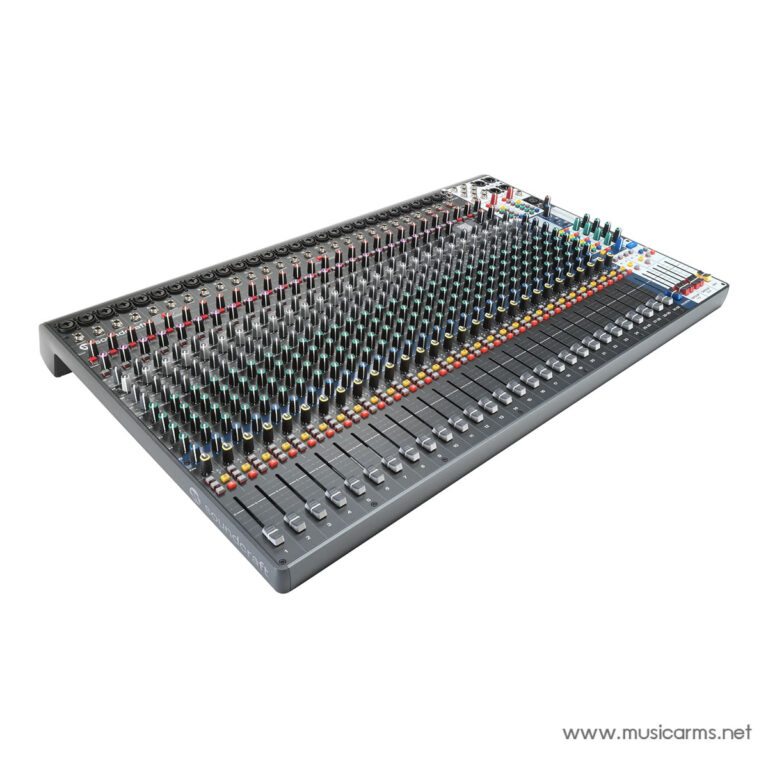 Large multi-channel audio mixing console with numerous faders, knobs, and colored indicators for each channel. ขายราคาพิเศษ