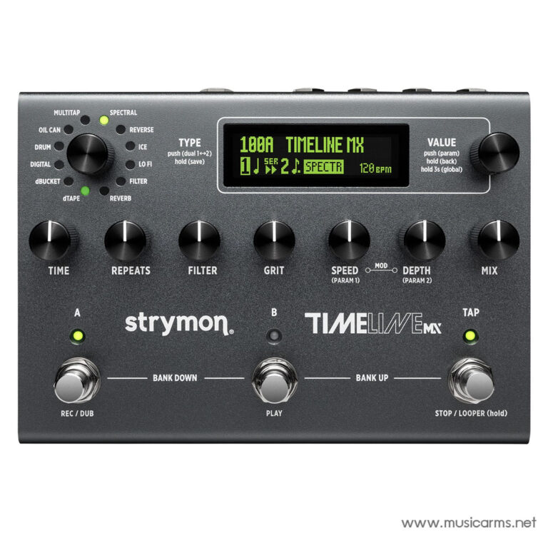 Strymon Timeline delay pedal with multiple knobs, two footswitches, and a green LCD screen showing presets and tempo. ขายราคาพิเศษ