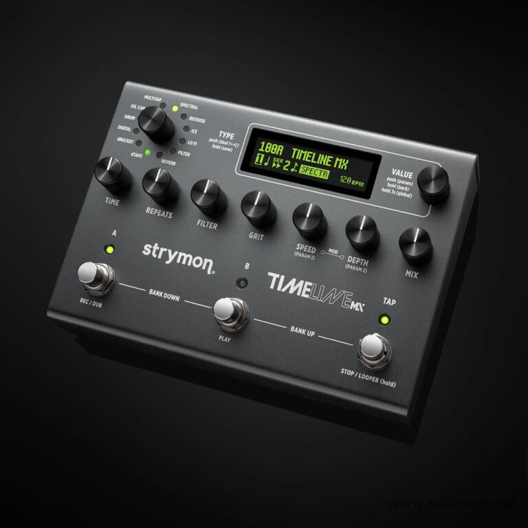 Front panel of a Strymon TimeLine delay pedal with multiple knobs, two footswitches, and a small green LED display showing settings. ขายราคาพิเศษ