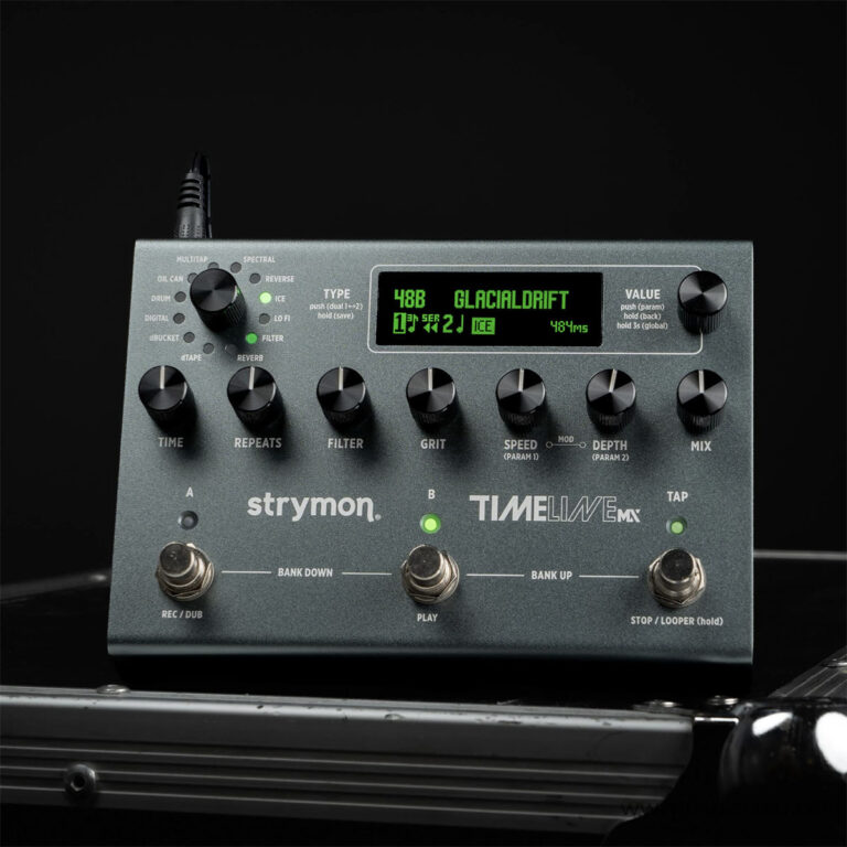 Strymon Timeline guitar effects pedal with multiple knobs and a bright green LCD display showing a preset named GLACIALDRIFT on a dark background ขายราคาพิเศษ