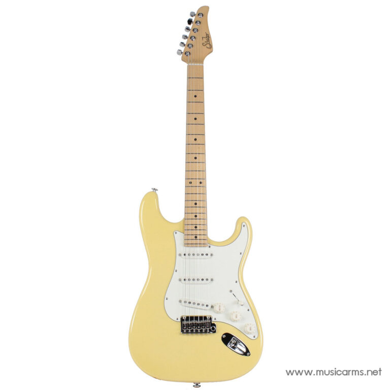 Squier Stratocaster-style electric guitar in pale yellow with a white pickguard and maple neck. ขายราคาพิเศษ