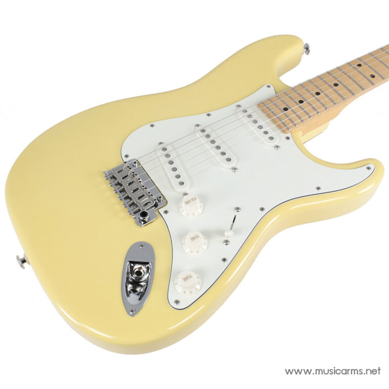 Yellow solid-body electric guitar with a white pickguard, maple neck, and three pickups on a white background. ขายราคาพิเศษ