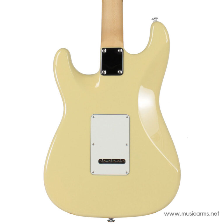 Back view of a pale yellow electric guitar showing the neck plate and rear cavity cover ขายราคาพิเศษ