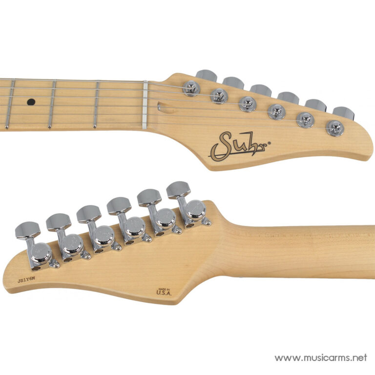 Close-up of a Suhr electric guitar headstock with chrome tuners and maple neck ขายราคาพิเศษ