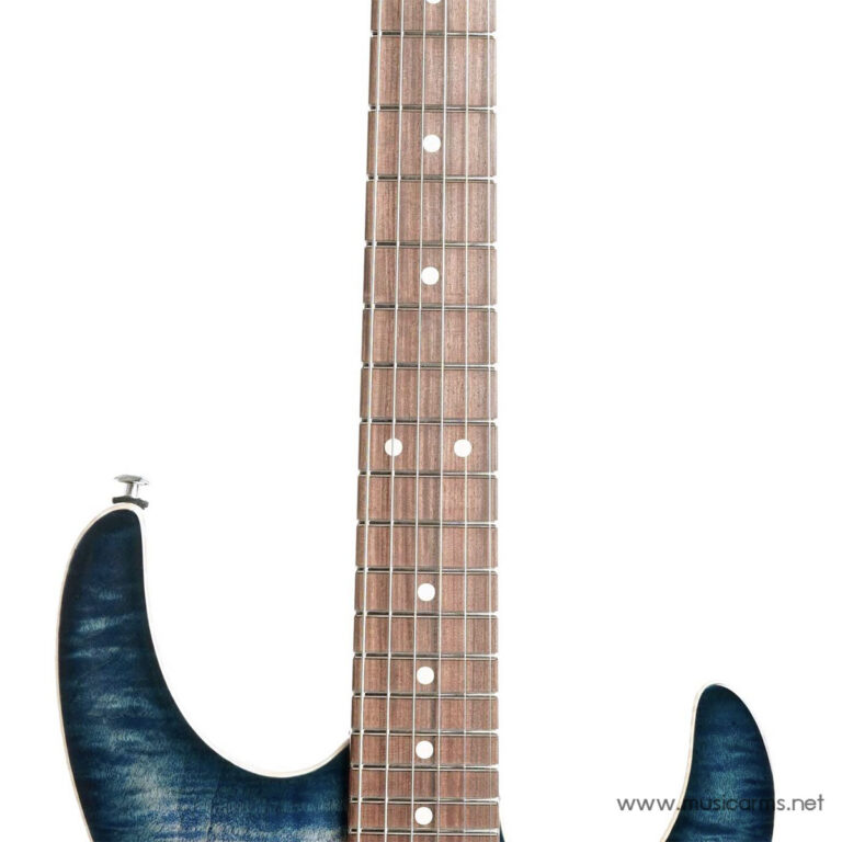 Close-up of a guitar neck showing frets and dot inlays, with a blue gradient body visible at the edges ขายราคาพิเศษ