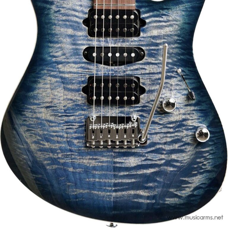 Close-up of a blue quilted-maple electric guitar body with three pickups and a chrome tremolo bridge. ขายราคาพิเศษ