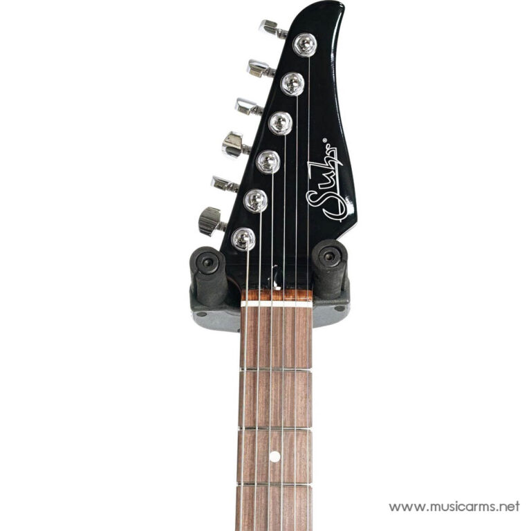 Headstock of a black electric guitar with six chrome tuning pegs, strings and a rosewood fretboard visible; features a script brand logo and a musicarms.net watermark in the corner. ขายราคาพิเศษ