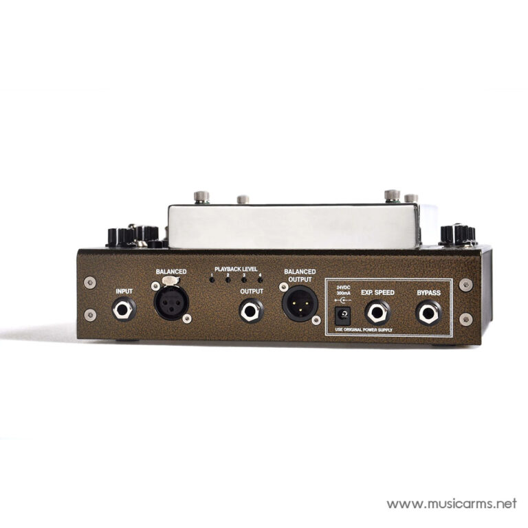Back panel of a brown guitar effects pedal showing input, balanced, output jacks, balanced output, and power/bypass controls; brand watermark www.musicarms.net in corner. ขายราคาพิเศษ