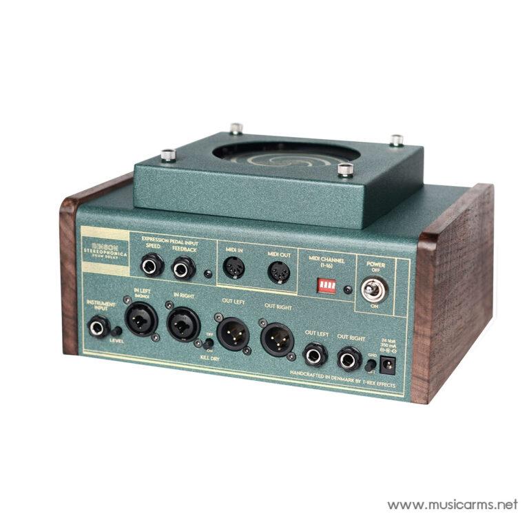 Teal vintage-style audio effects unit with wooden side panels and multiple jacks on the front panel, and a square top module with knobs on top. ขายราคาพิเศษ