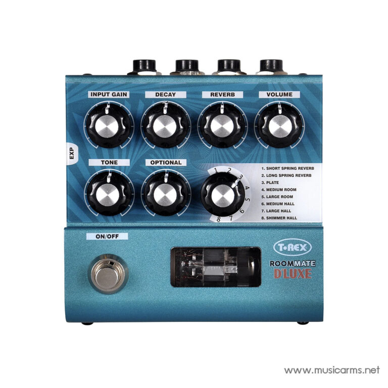 Blue guitar effects pedal with eight knobs (Input Gain, Decay, Reverb, Volume, Tone, Optional) and a footswitch on the lower left, plus a small display window on the right edge. ขายราคาพิเศษ