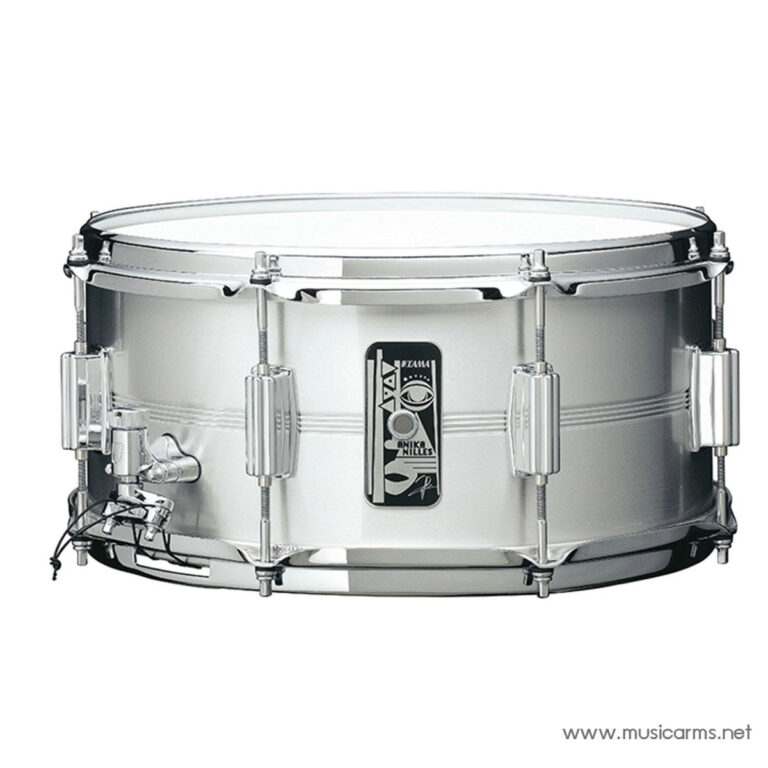 Silver snare drum with chrome hardware and lugs, viewed from the side. ขายราคาพิเศษ