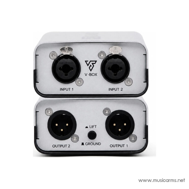 V-BOX audio interface with two XLR inputs on top and two balanced outputs on bottom. ขายราคาพิเศษ