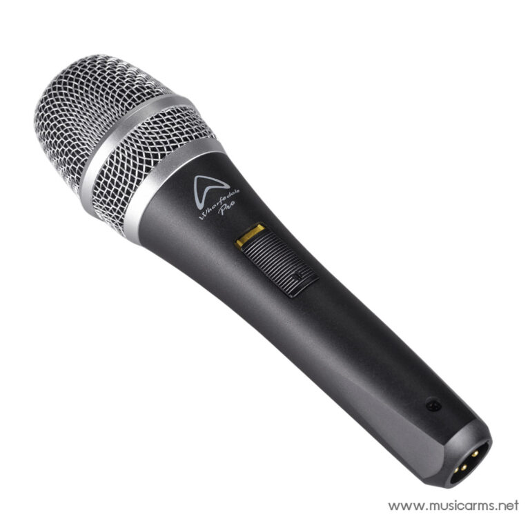 Close-up of a black handheld microphone with a metal grille and XLR output connector at the base. ขายราคาพิเศษ