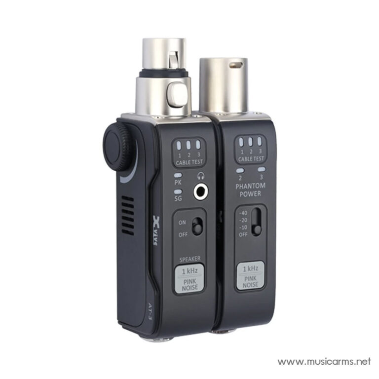 Dual-channel wireless microphone receiver unit with XLR/3.5mm outputs and compact knobs, used for audio recording or performances (Phantom power switches visible). ขายราคาพิเศษ