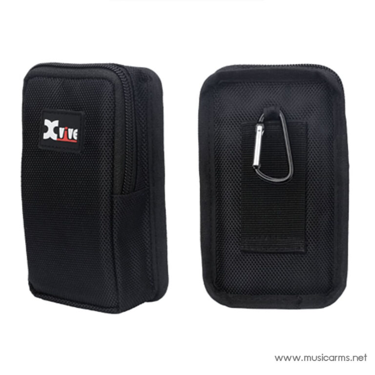 Black zippered protective pouch with a back nylon belt clip and metal carabiner for attachment (Xvive logo on front). Washed black fabric, compact travel case. ขายราคาพิเศษ