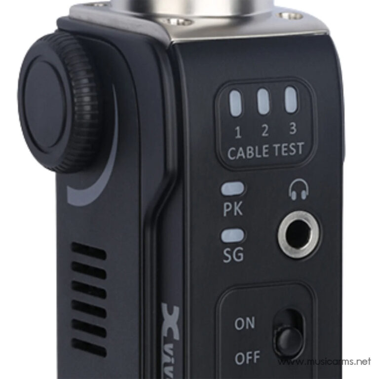 Close-up of a wireless microphone transmitter: three LED indicators labeled 1–3 under 'CABLE TEST', a headphone jack, and an on/off switch. ขายราคาพิเศษ