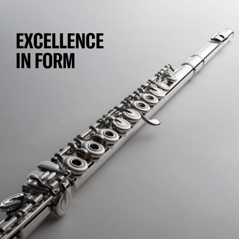 Close-up of a silver clarinet laid diagonally across a gray background, showing keys and tone holes. ขายราคาพิเศษ
